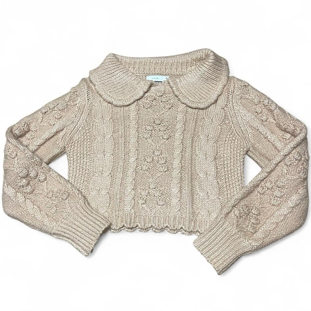 Anthropologie Lush Sweater Women's Small Tan Pullover Cable Knit Cropped Collar
